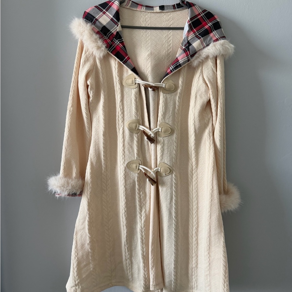 Cream Toggle Coat with Plaid Lined Hood and Faux Fur Trim